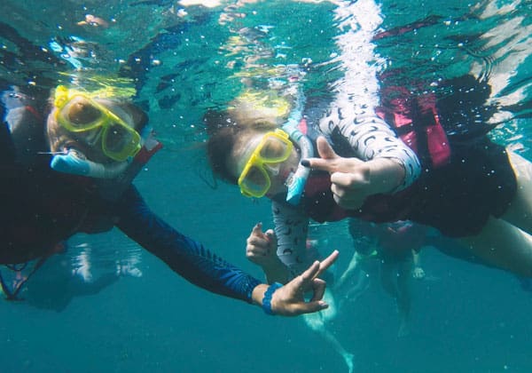two guests in tinggi island tad marine resort snorkeling in the sea